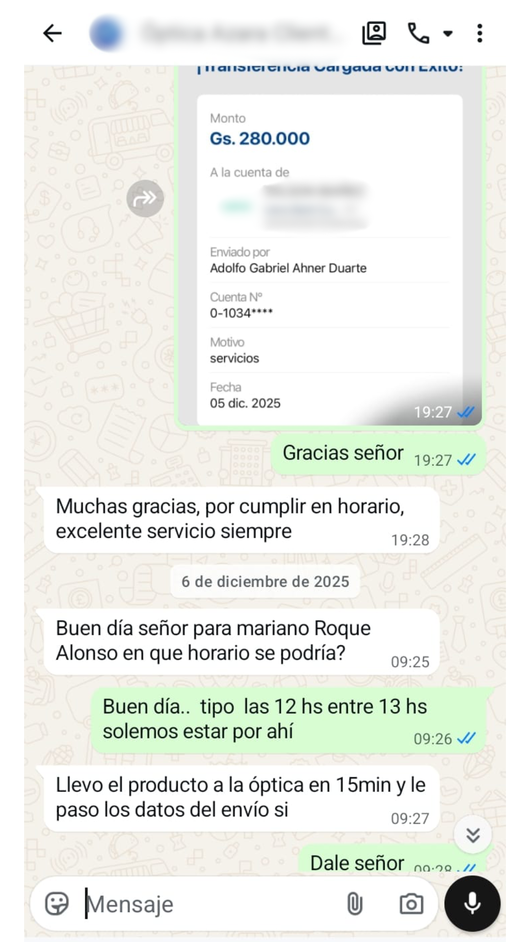 Captura de WhatsApp - Comercio verificado: Excelente servicio siempre